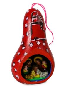 Red Gourd Nativity Ornament Carved with Scene Inside