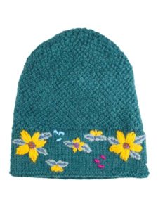 Embroidered Flower Hat 100% Alpaca, Teal, Winter Hats for the whole family