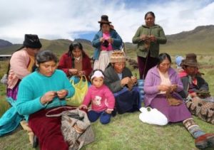 Women knitting clothing with alpaca fibers
